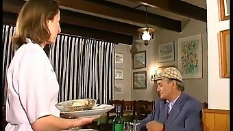 French Brunette Enjoys A Threesome In A Restaurant With An Older Voyeur